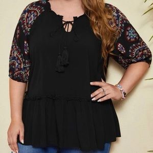 PLUS BABYDOLL TOP, LOOSE FIT, BUBBLE SLEEVES TO ELBOW WITH PATTERN, LIGH…